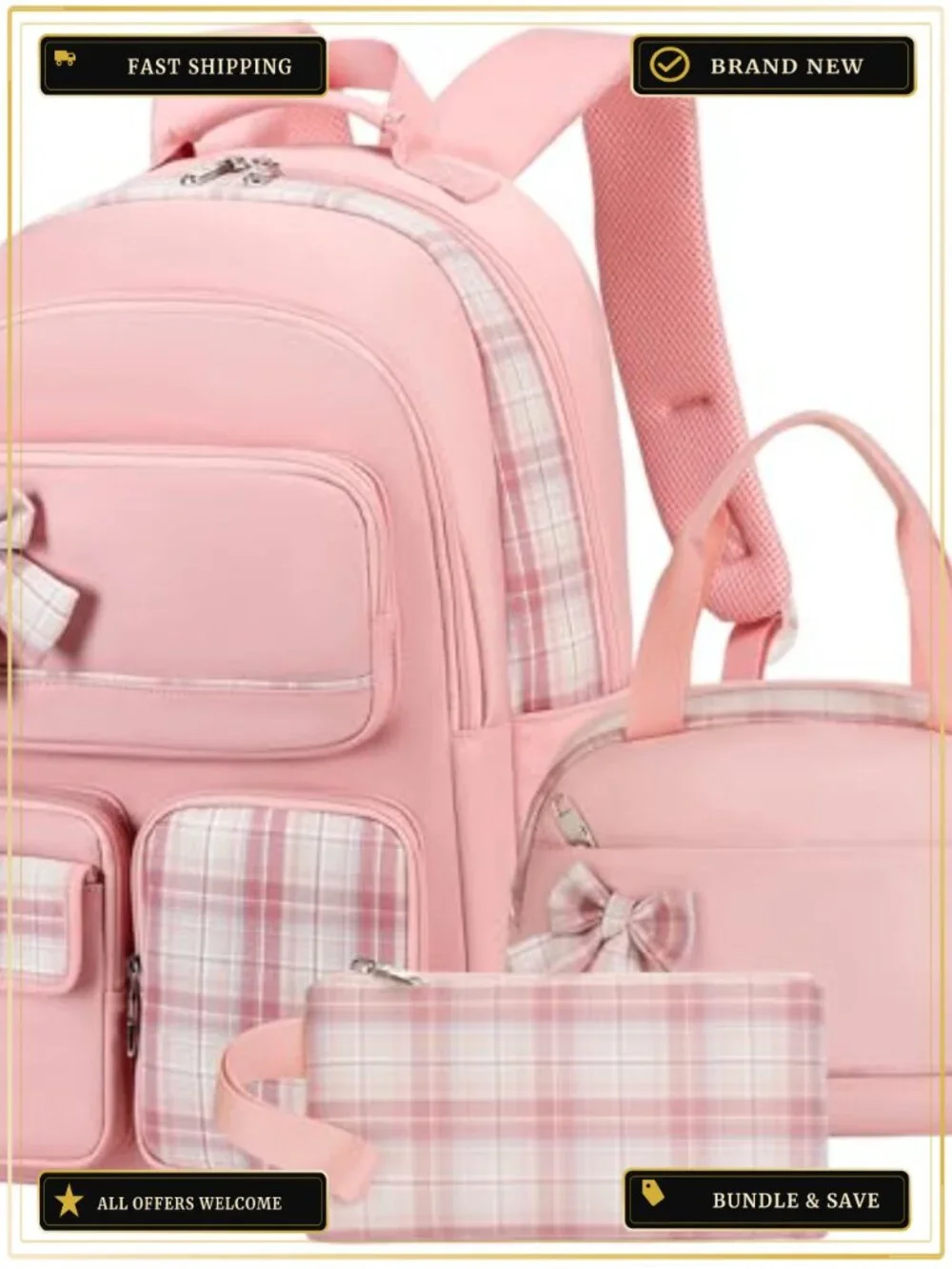 3-Piece Girls Backpack Set with Lunch Box Pencil Case, 15.6 inch Laptop School
